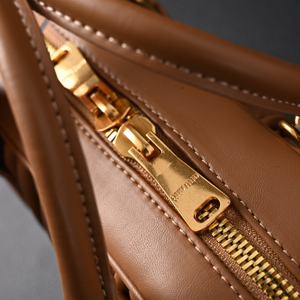 Miu Miu Matelassé Leather Top Handle Bag – Caramel Brown product image 14, provided for visual reference and product detail