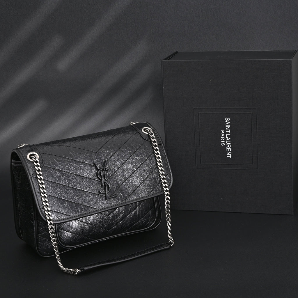 Saint Laurent Niki Medium Black Crinkled Leather Shoulder Bag product image 1, provided for visual reference and product