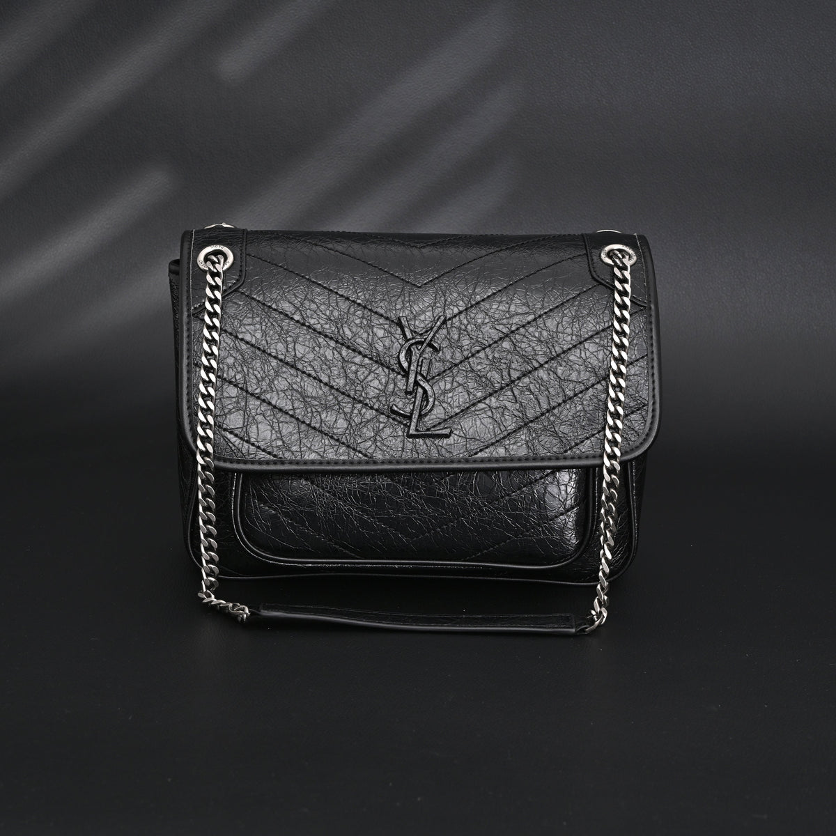 Saint Laurent Niki Medium Black Crinkled Leather Shoulder Bag product image 5, provided for visual reference and product