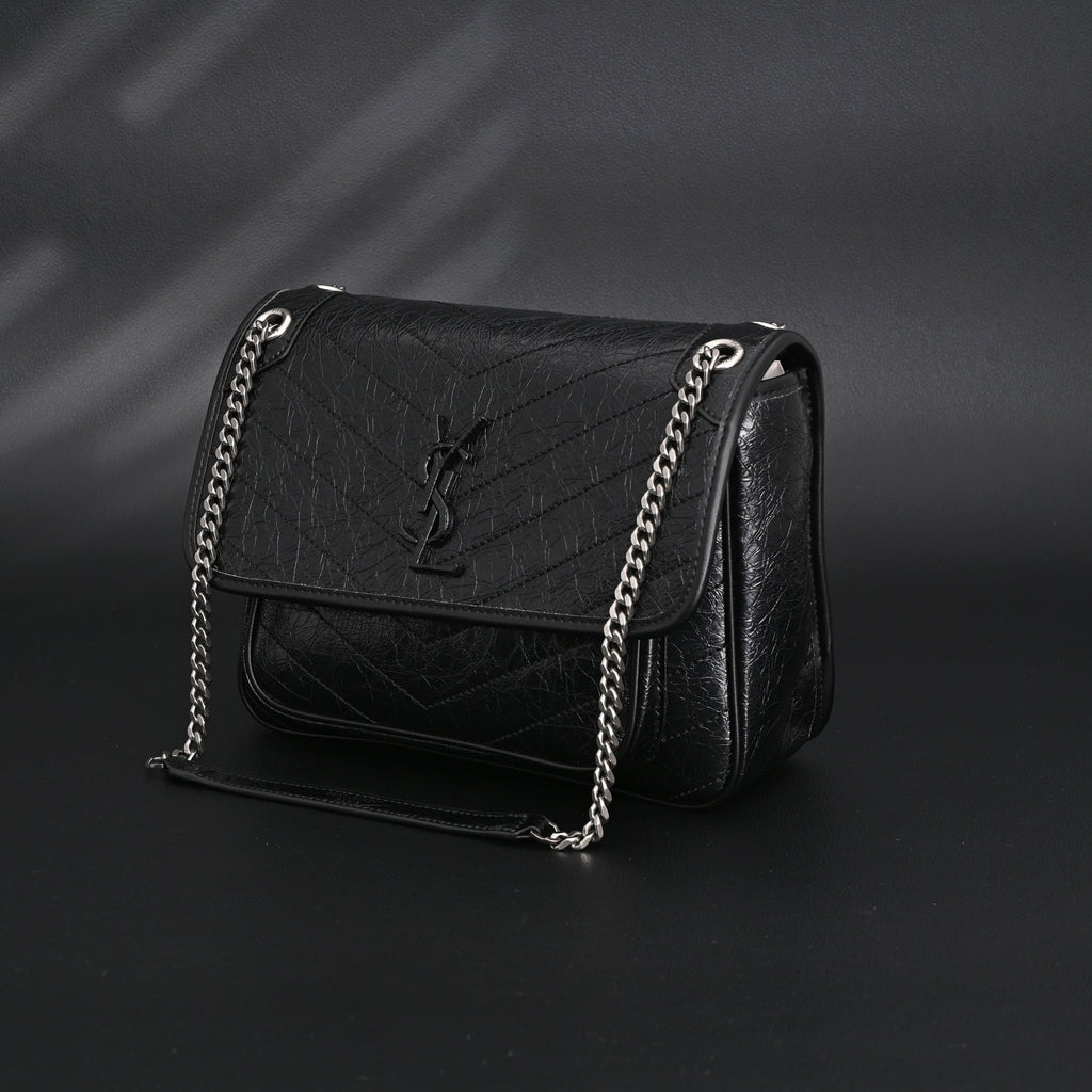 Saint Laurent Niki Medium Black Crinkled Leather Shoulder Bag product image 9, provided for visual reference and product