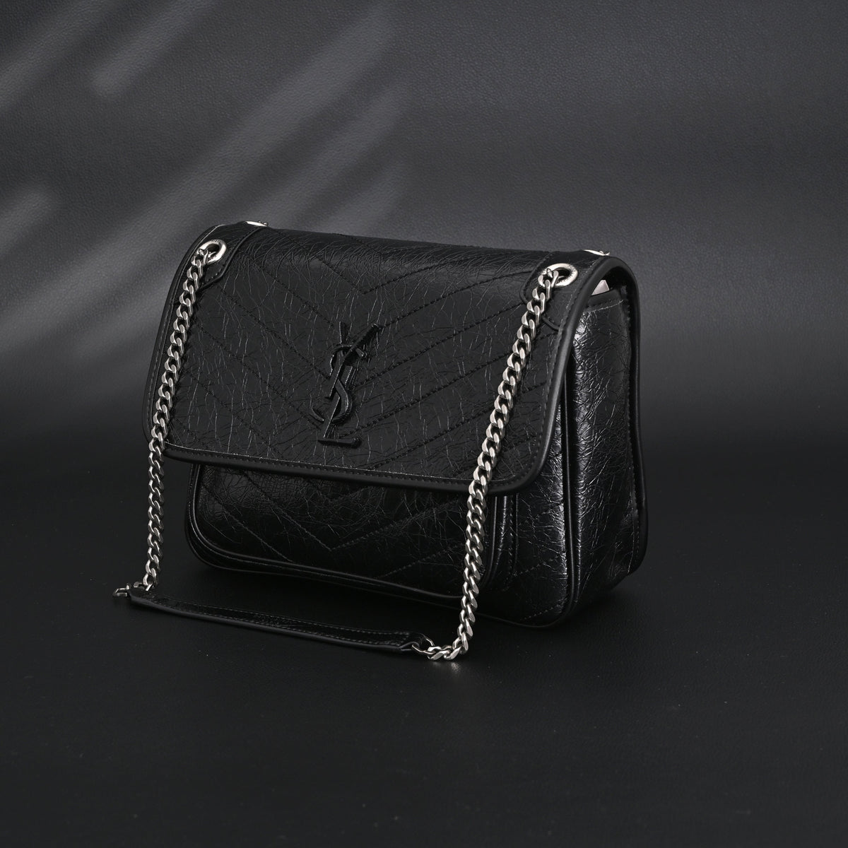 Saint Laurent Niki Medium Black Crinkled Leather Shoulder Bag product image 9, provided for visual reference and product
