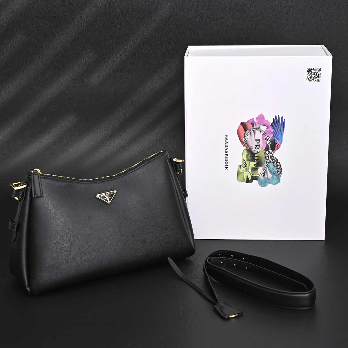 Prada Cleo Black Brushed Leather Shoulder Bag product image 1, provided for visual reference and product detail review