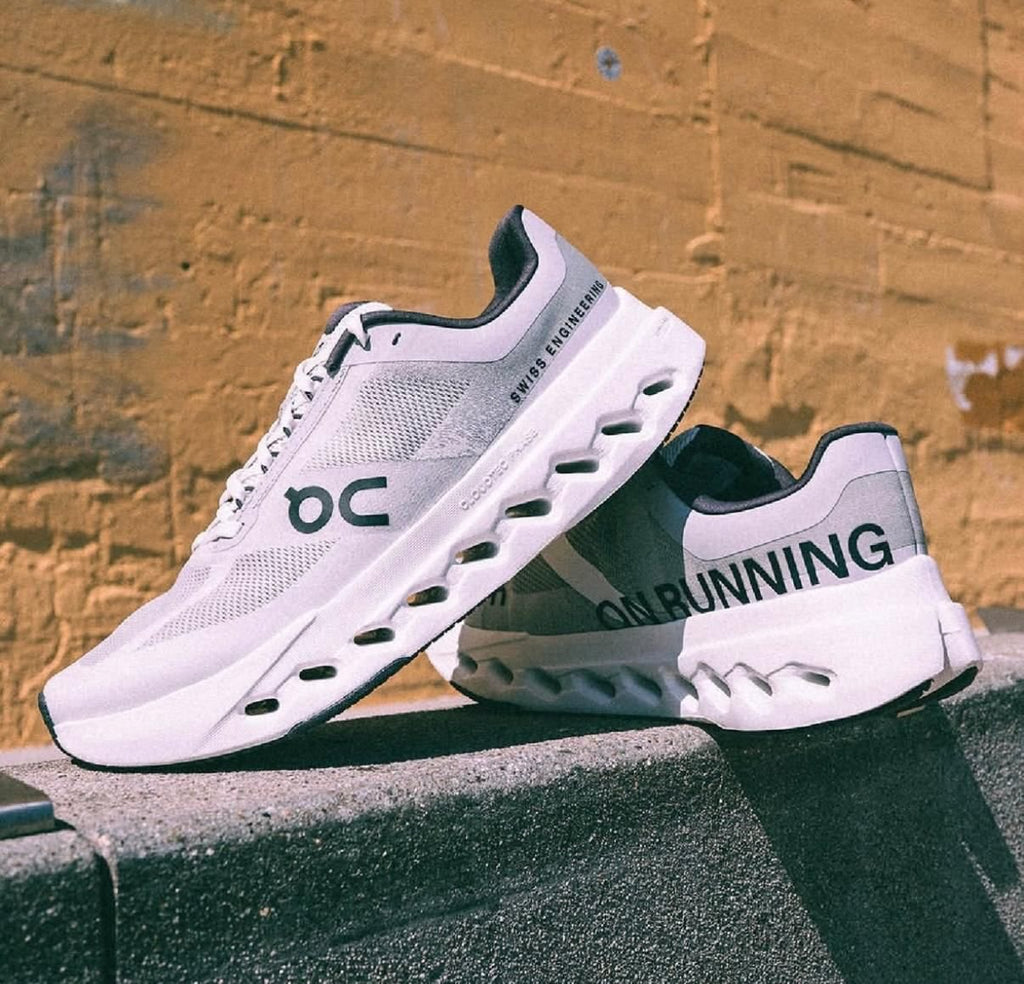 On Cloudsurfer Next Glacier White Running Shoes product image 1, provided for visual reference and product detail review