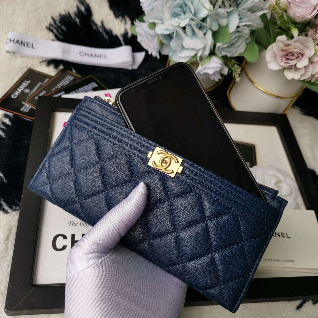 Chanel Caviar Quilted Classic Zip Boy Pouch - Navy product image 5, provided for visual reference and product detail review