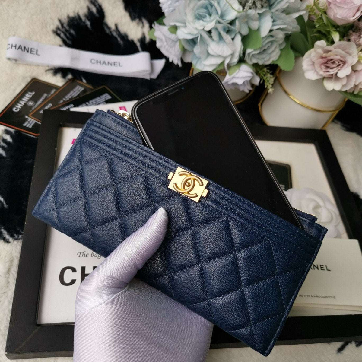 Chanel Caviar Quilted Classic Zip Boy Pouch - Navy product image 5, provided for visual reference and product detail review