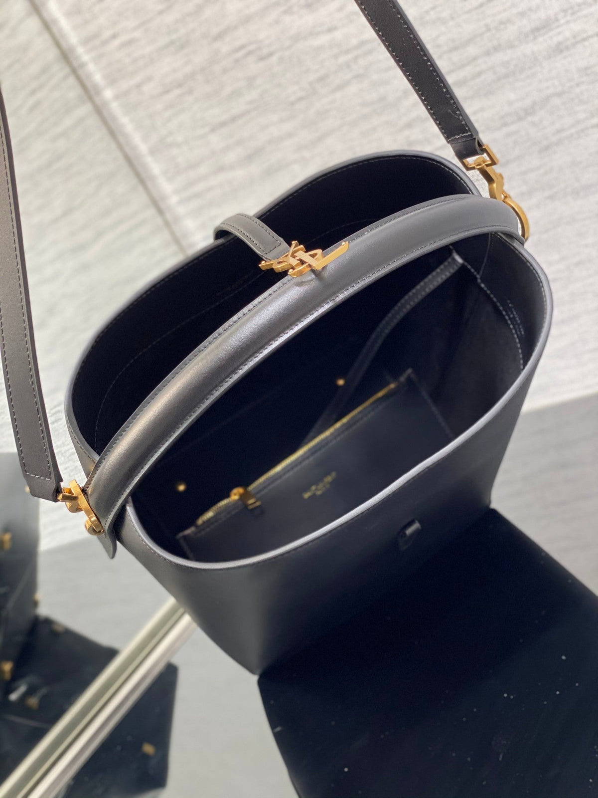YSL Le 37 Black Shiny Leather Handle Shoulder Bag with YSL Charm and Adjustable Strap product image 4, provided for visual