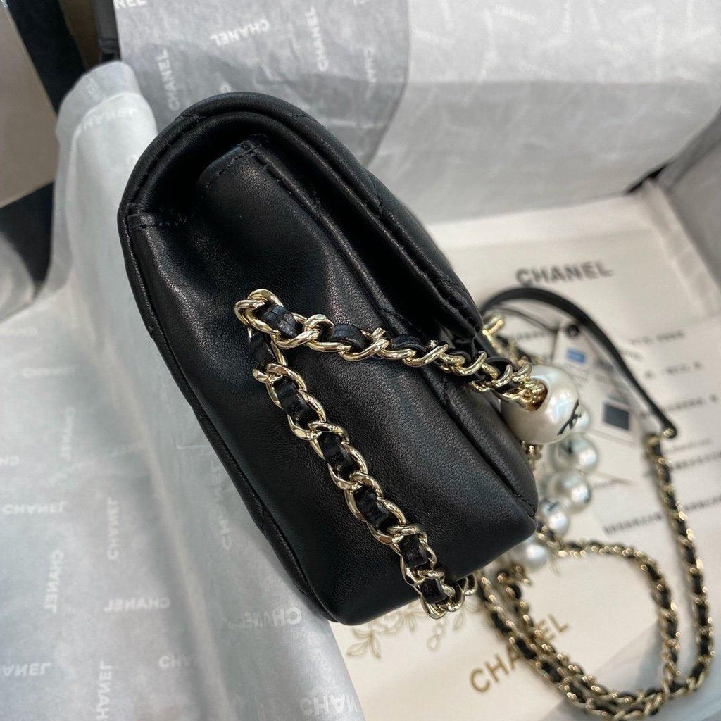 Chanel Pearl Logo Strap Flap Bag Black product image 3, provided for visual reference and product detail review