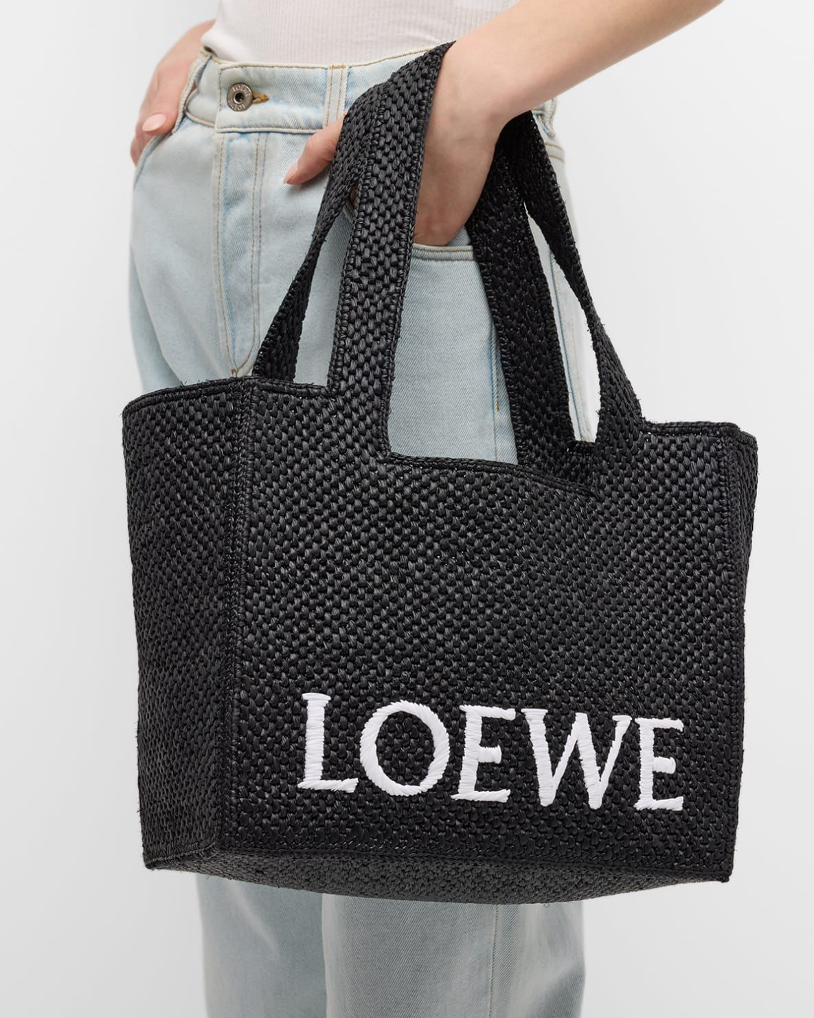 Loewe Logo Raffia Tote Bag - Black product image 1, provided for visual reference and product detail review
