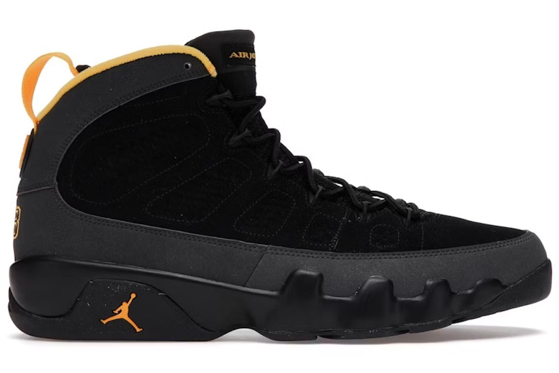 Air Jordan 9 Retro Dark Charcoal University Gold product image 1, provided for visual reference and product detail review