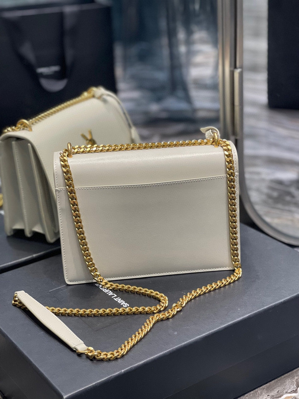 YSL Medium Sunset Bag 22 White Lambskin Gold Tone product image 5, provided for visual reference and product detail review