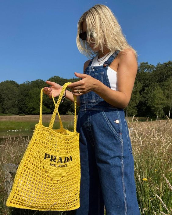 Prada Women Natural Crochet Tote Bag-Yellow product image 3, provided for visual reference and product detail review