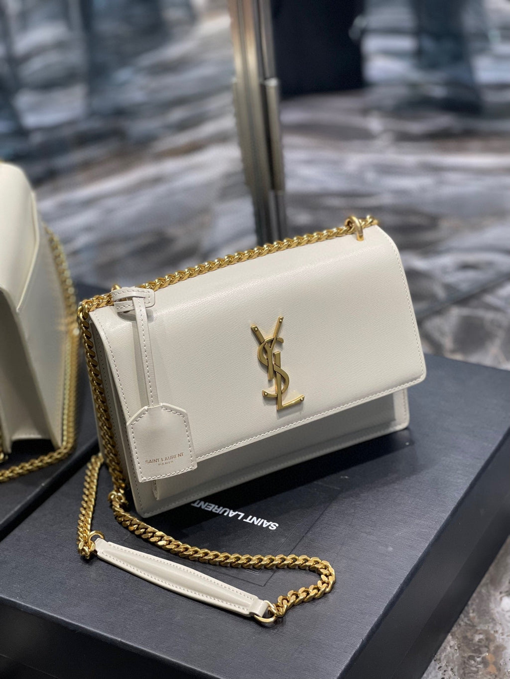 YSL Medium Sunset Bag 22 White Lambskin Gold Tone product image 6, provided for visual reference and product detail review