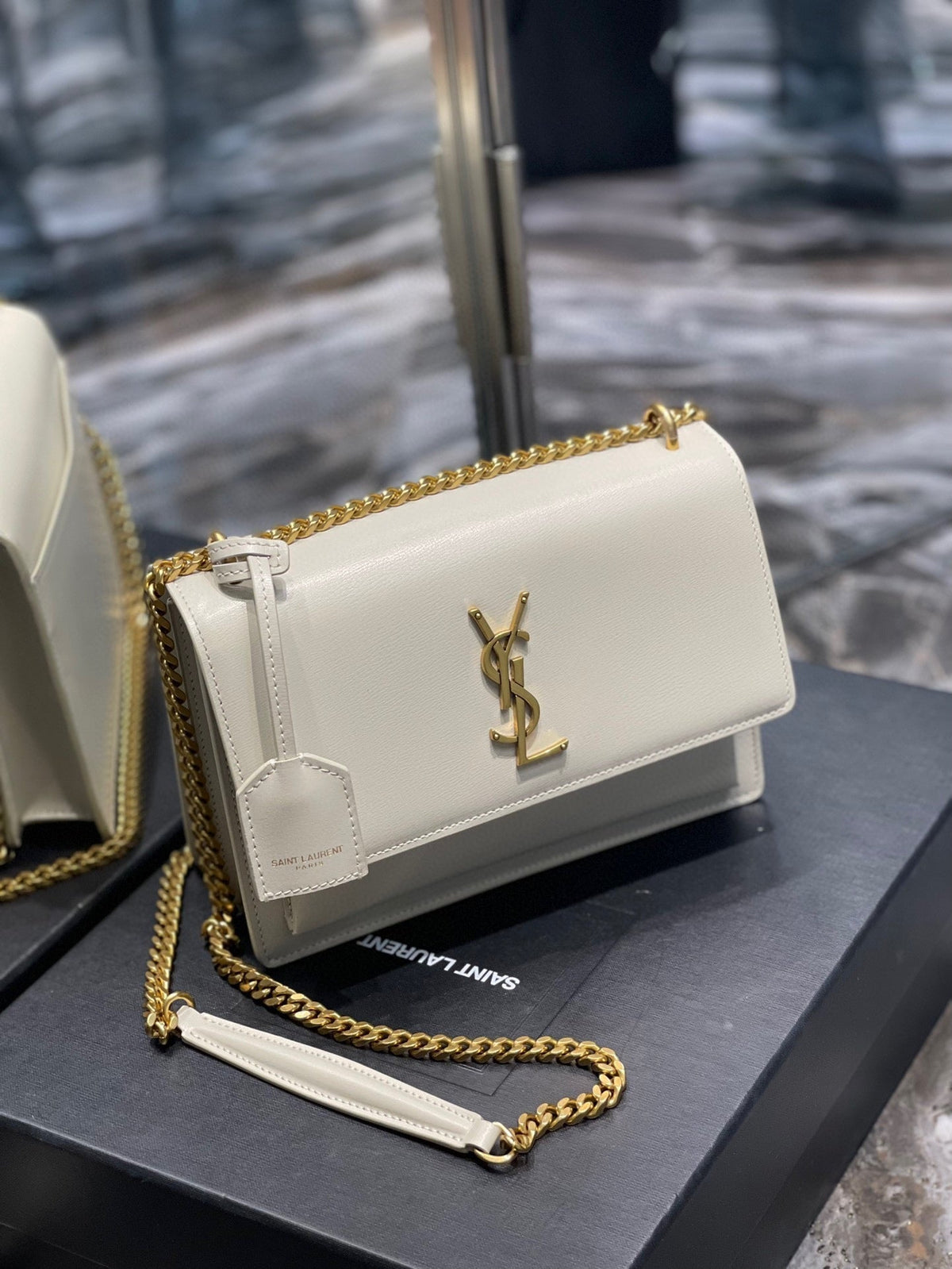 YSL Medium Sunset Bag 22 White Lambskin Gold Tone product image 6, provided for visual reference and product detail review