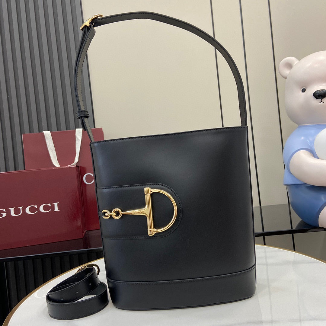 Gucci Small Horsebit Embellished Leather Bucket Bag - Black product image 10, provided for visual reference and product
