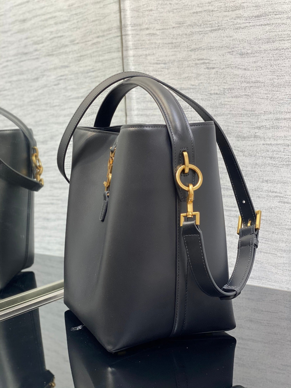 YSL Le 37 Black Shiny Leather Handle Shoulder Bag with YSL Charm and Adjustable Strap product image 5, provided for visual