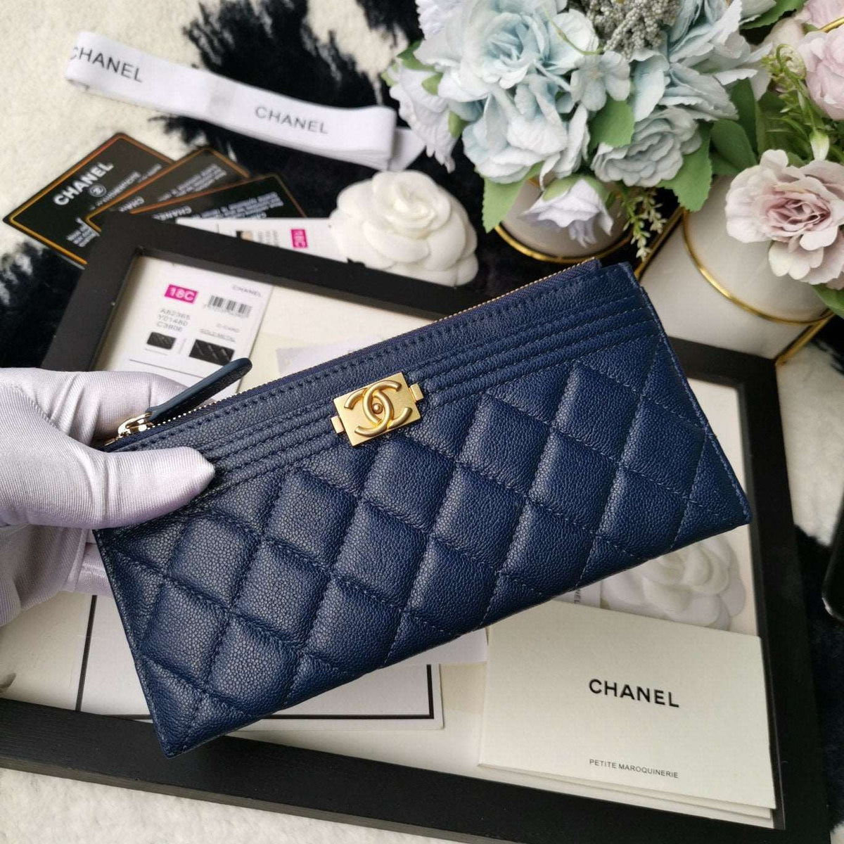 Chanel Caviar Quilted Classic Zip Boy Pouch - Navy product image 4, provided for visual reference and product detail review