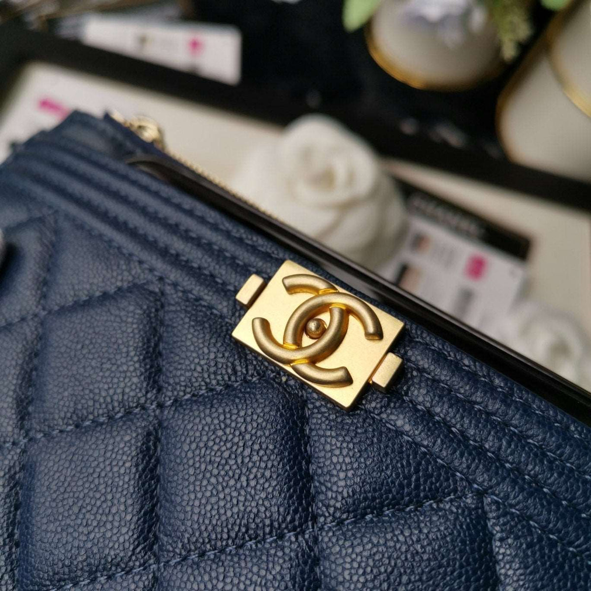 Chanel Caviar Quilted Classic Zip Boy Pouch - Navy product image 8, provided for visual reference and product detail review