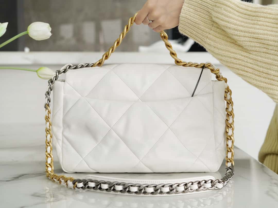 Chanel 19 Large Handbag Lambskin Gold AS1161 White product image 2, provided for visual reference and product detail review