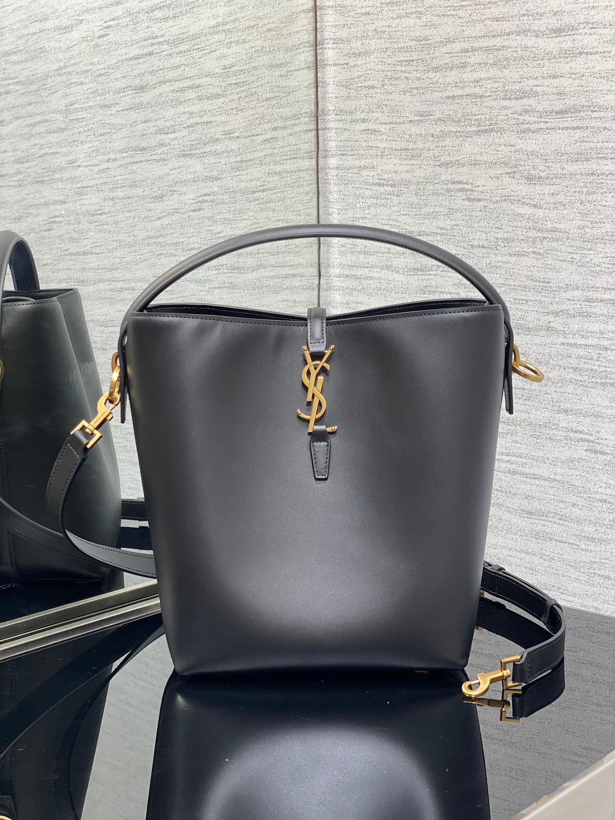YSL Le 37 Black Shiny Leather Handle Shoulder Bag with YSL Charm and Adjustable Strap product image 1, provided for visual