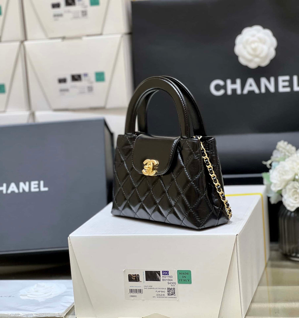 Chanel Kelly Mini Shopping Bag Mini 23K Shiny Aged Calfskin Black product image 5, provided for visual reference and product