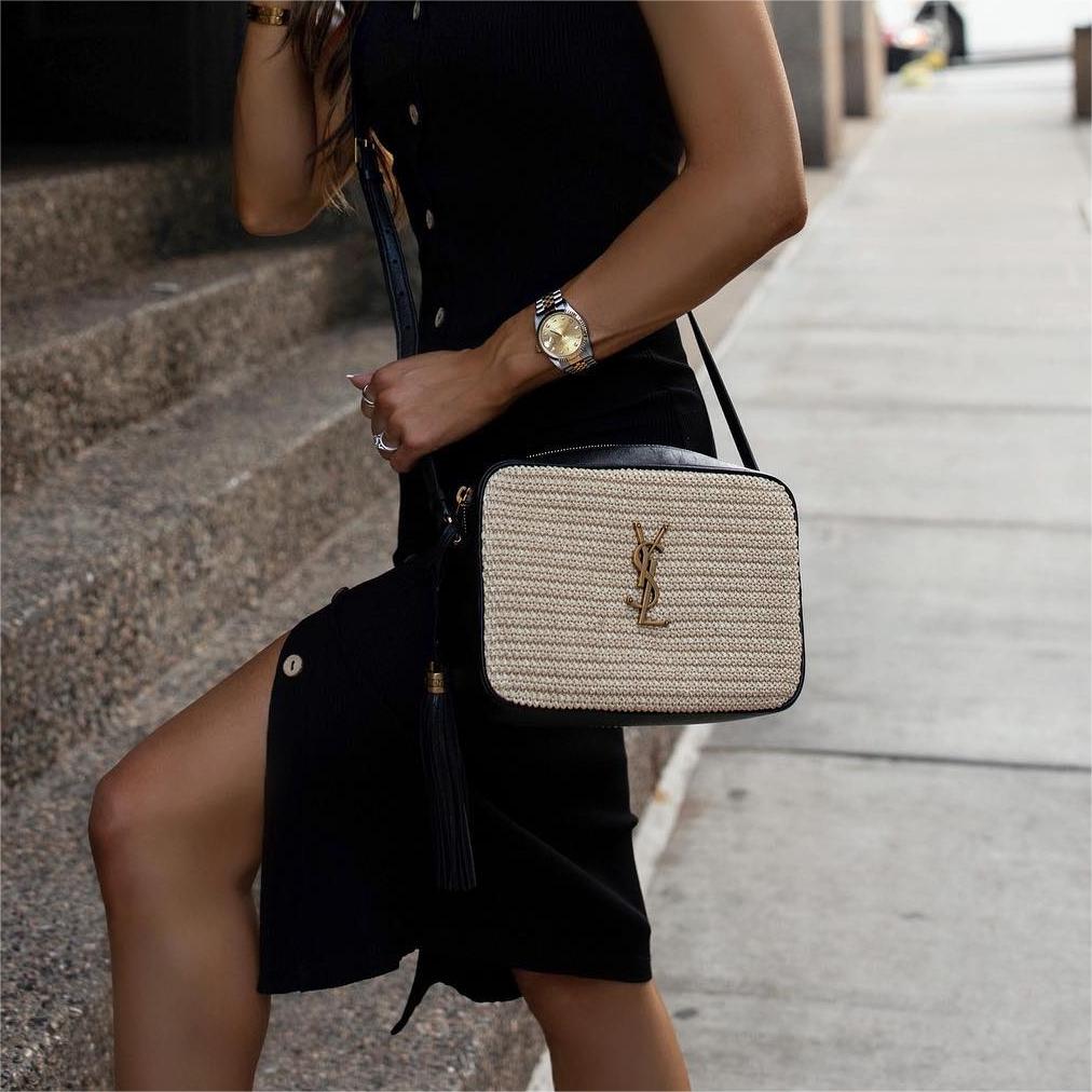 Saint Laurent Lou Medium YSL Monogram Raffia Camera Bag - Straw product image 1, provided for visual reference and product