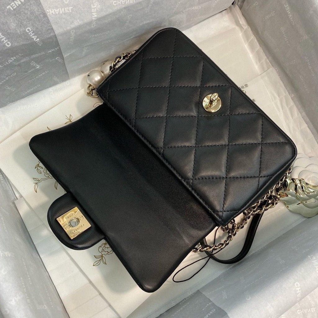Chanel Pearl Logo Strap Flap Bag Black product image 5, provided for visual reference and product detail review