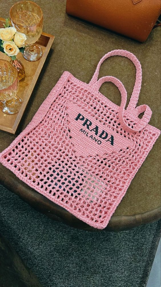 Prada Women Natural Crochet Tote Bag-Pink product image 4, provided for visual reference and product detail review