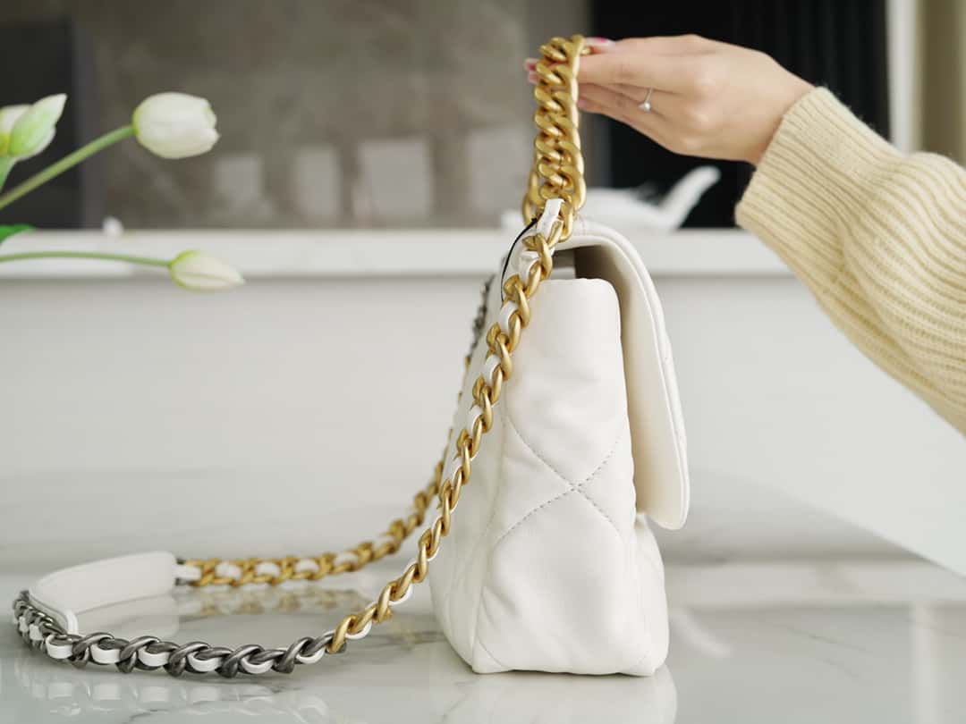 Chanel 19 Large Handbag Lambskin Gold AS1161 White product image 4, provided for visual reference and product detail review