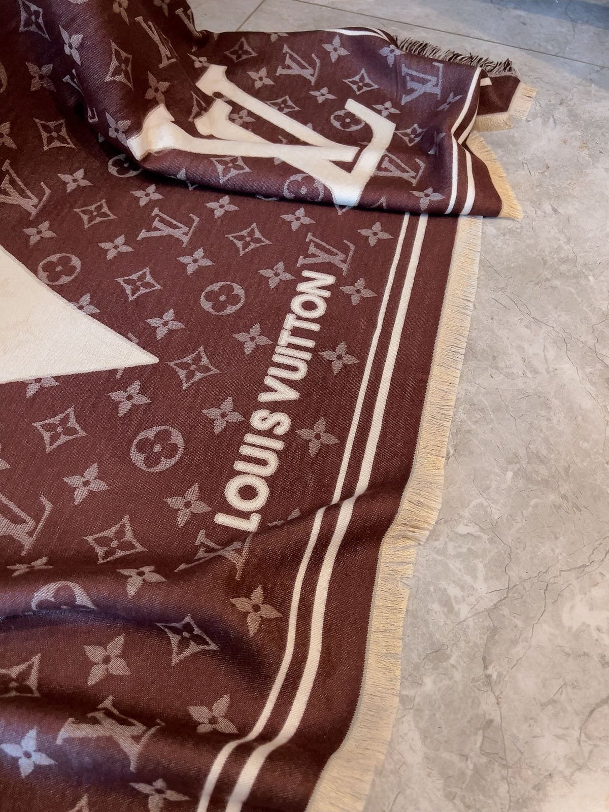 Louis Vuitton Brown & Cream Monogram Square Scarf product image 9, provided for visual reference and product detail review