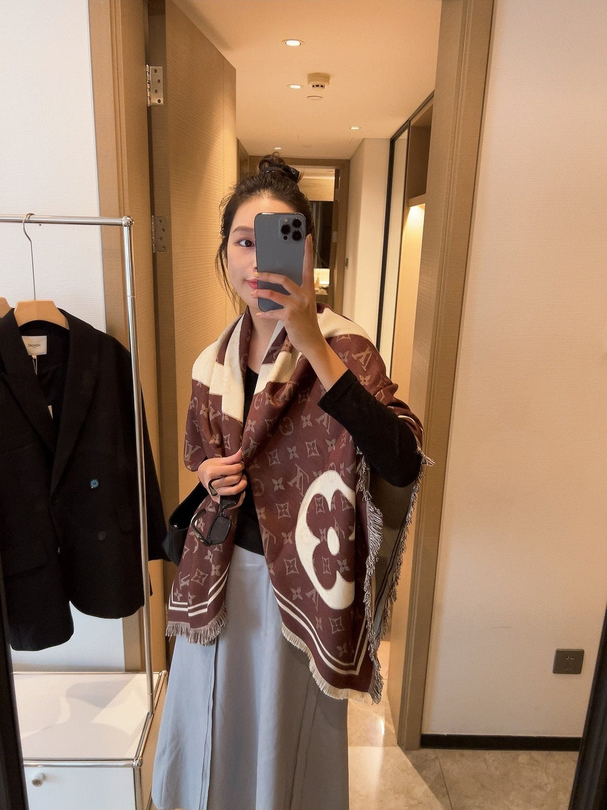 Louis Vuitton Brown & Cream Monogram Square Scarf product image 3, provided for visual reference and product detail review