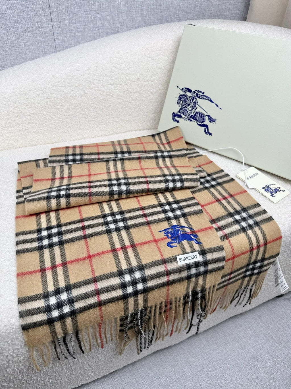 Burberry Beige Plaid Cashmere-Wool Scarf product image 8, provided for visual reference and product detail review