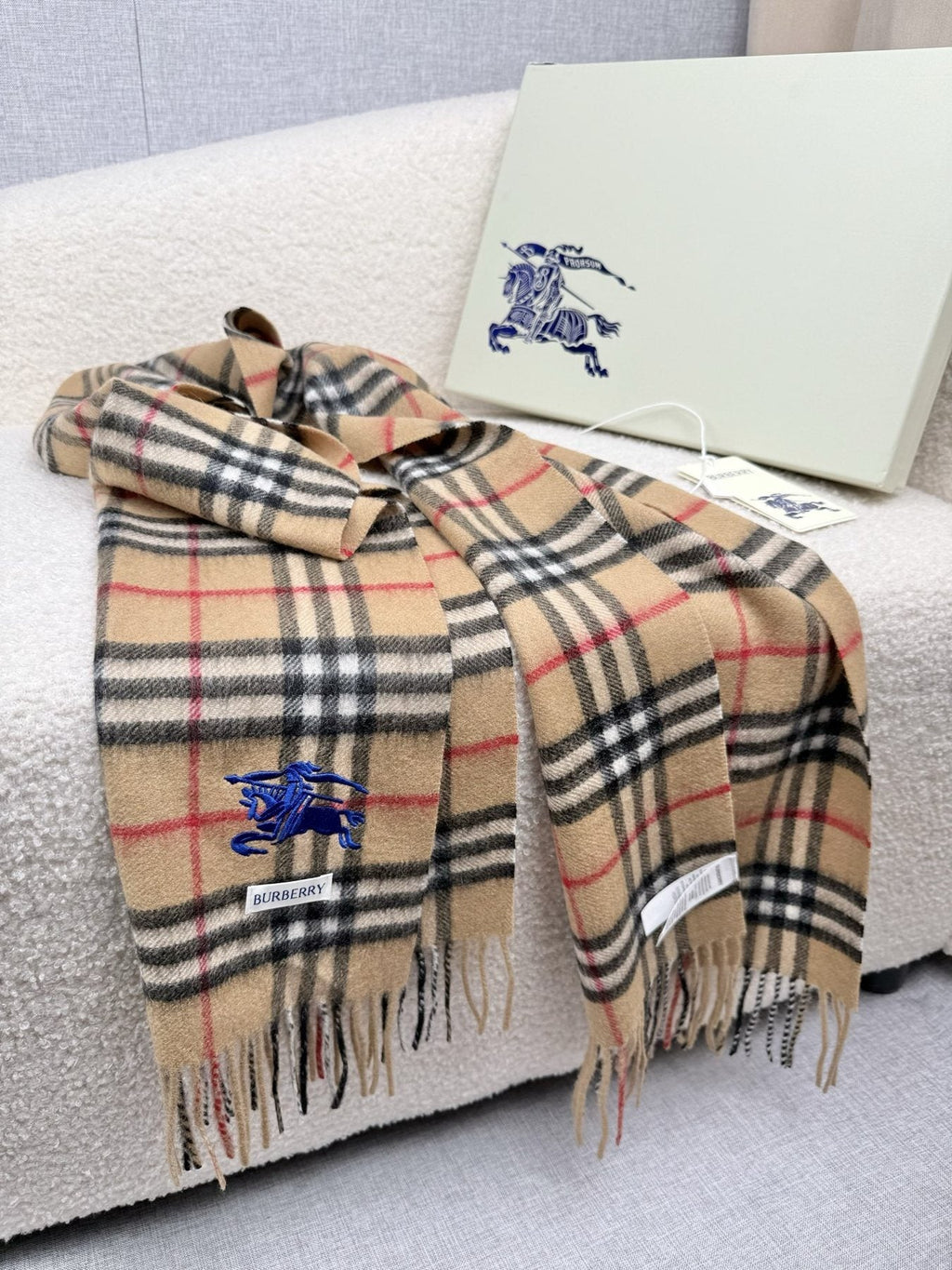 Burberry Beige Plaid Cashmere-Wool Scarf product image 4, provided for visual reference and product detail review
