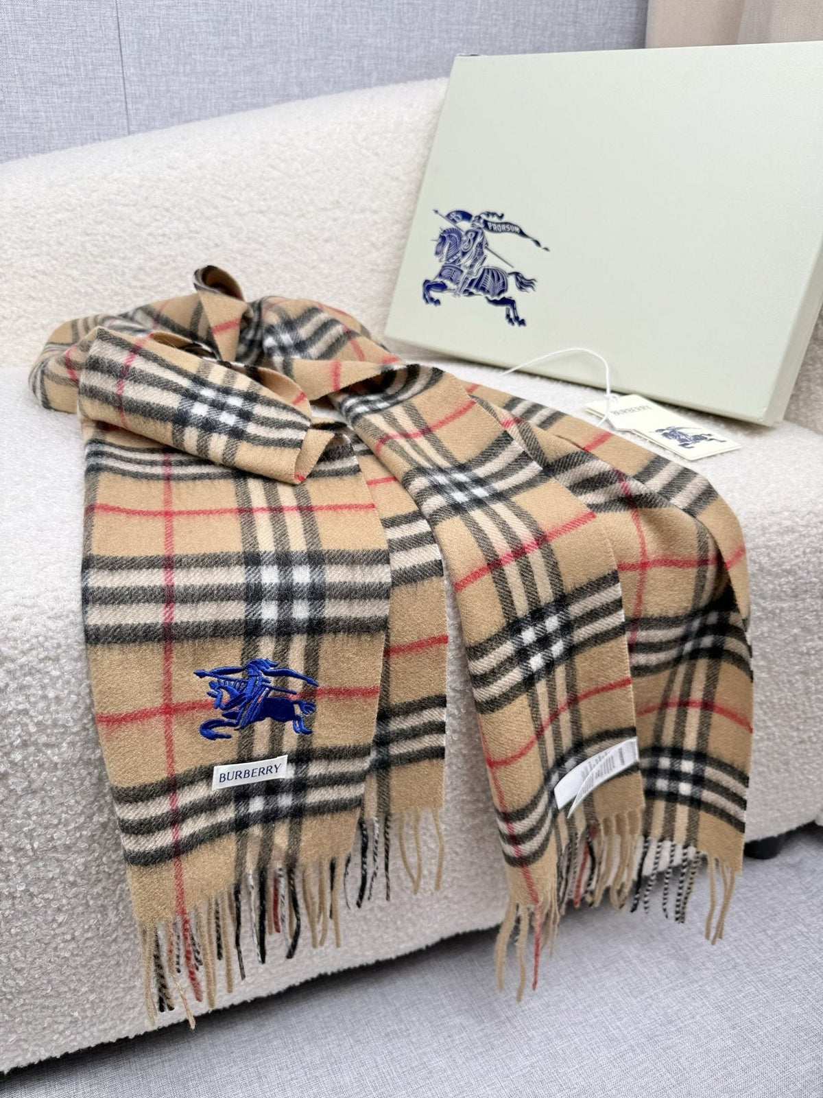 Burberry Beige Plaid Cashmere-Wool Scarf product image 4, provided for visual reference and product detail review