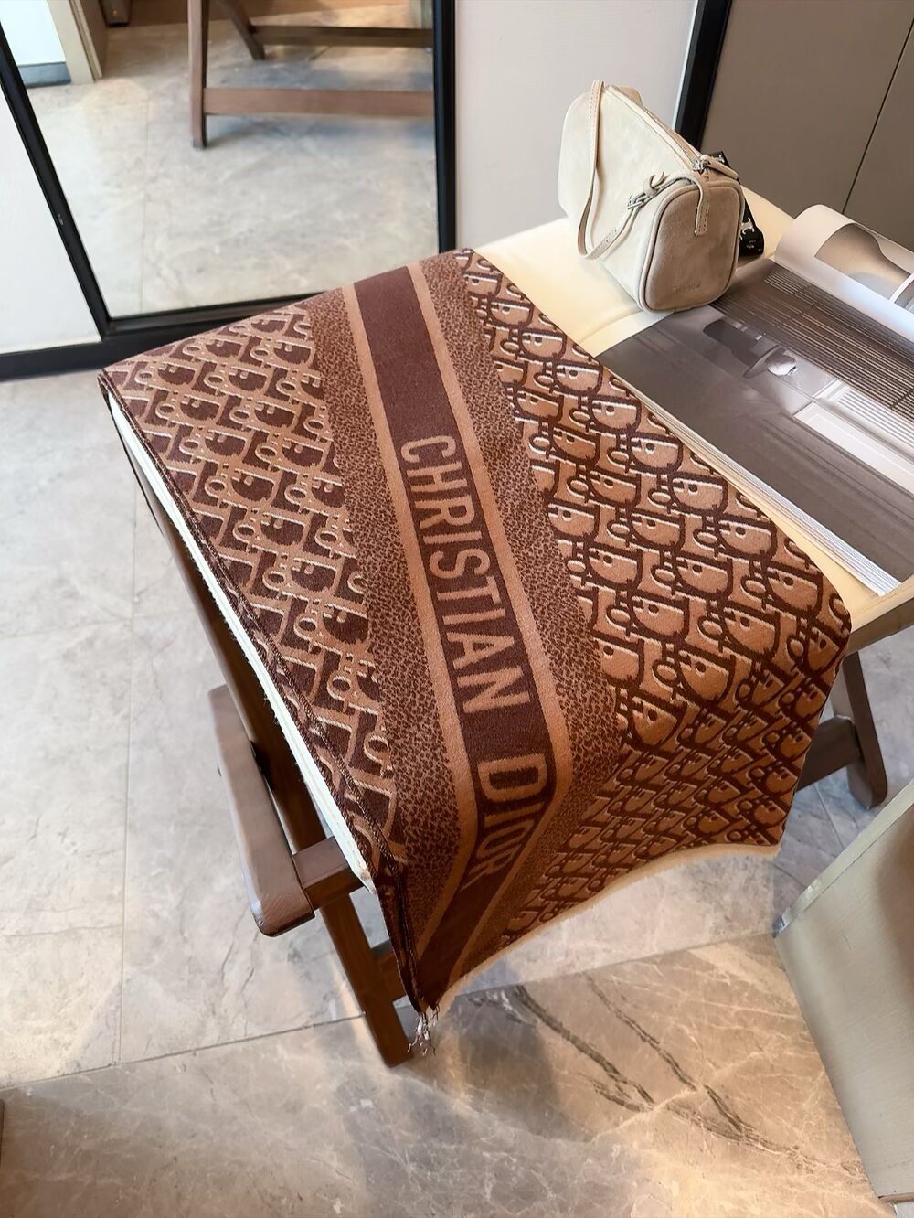 Dior Brown & Beige Fringed Scarf Shawl product image 1, provided for visual reference and product detail review
