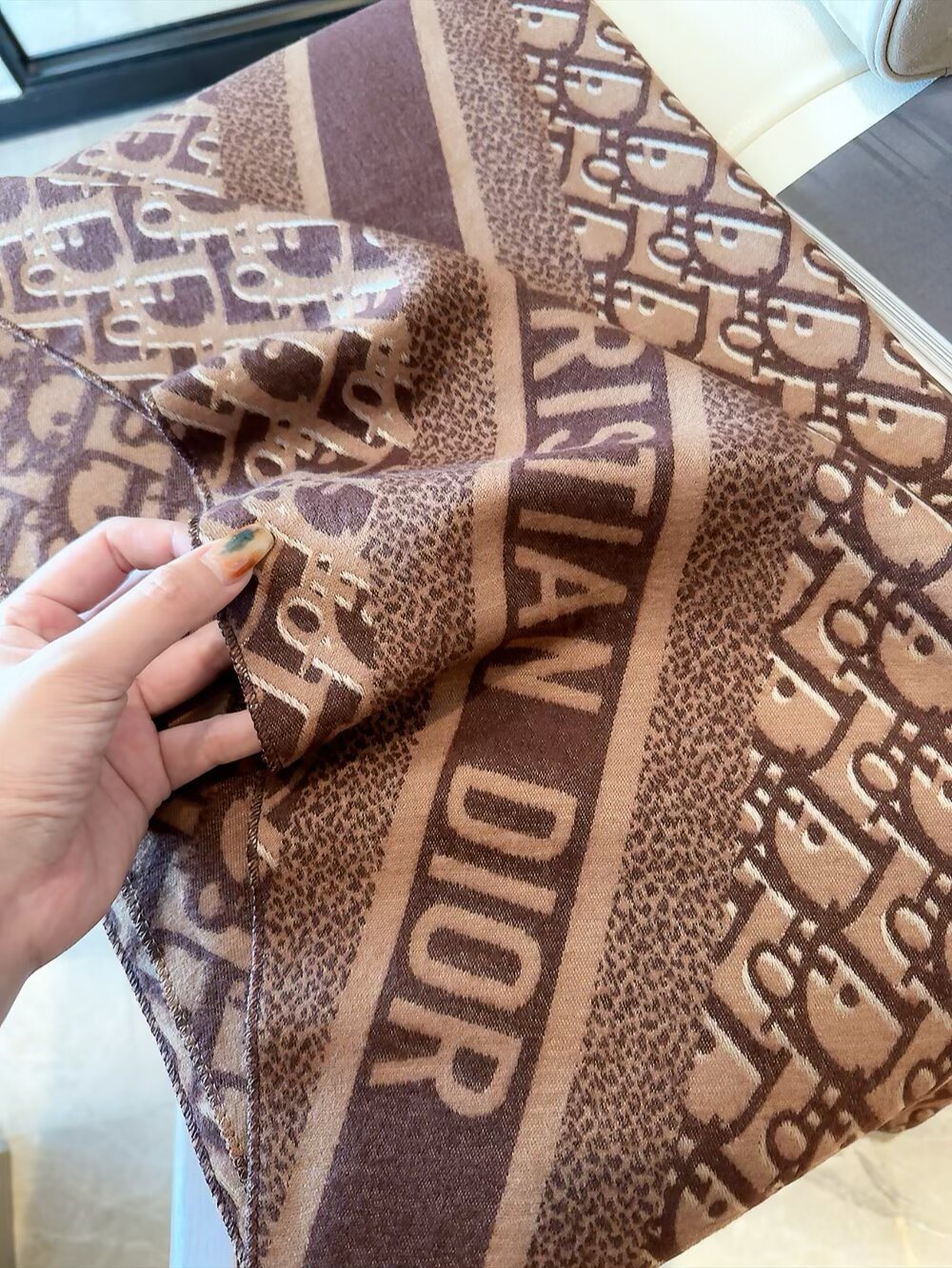 Dior Brown & Beige Fringed Scarf Shawl product image 5, provided for visual reference and product detail review