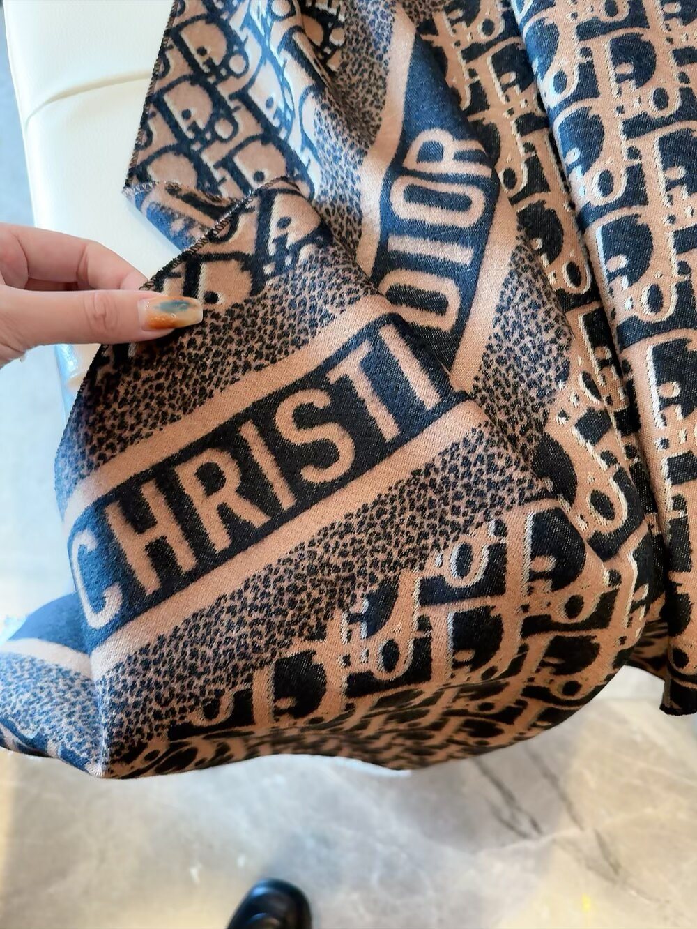 Dior Silk-Wool-Cotton Monogram Fringe Scarf product image 8, provided for visual reference and product detail review