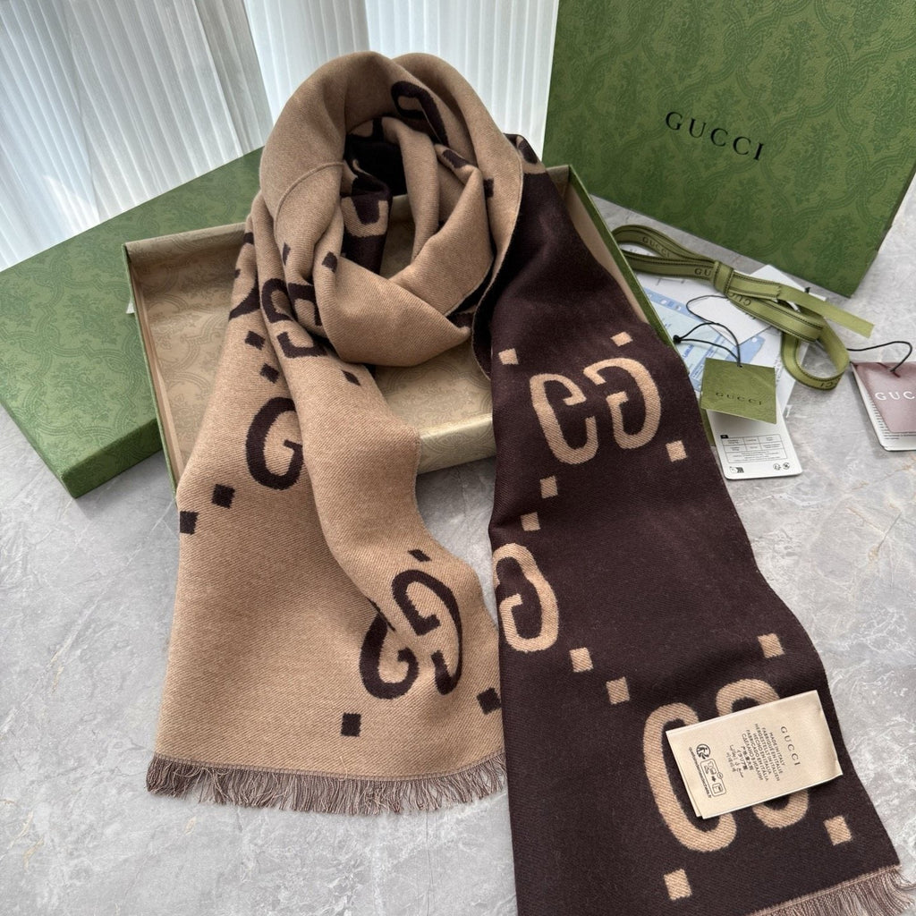 Gucci Dark Brown & Beige Fringed Scarf product image 5, provided for visual reference and product detail review
