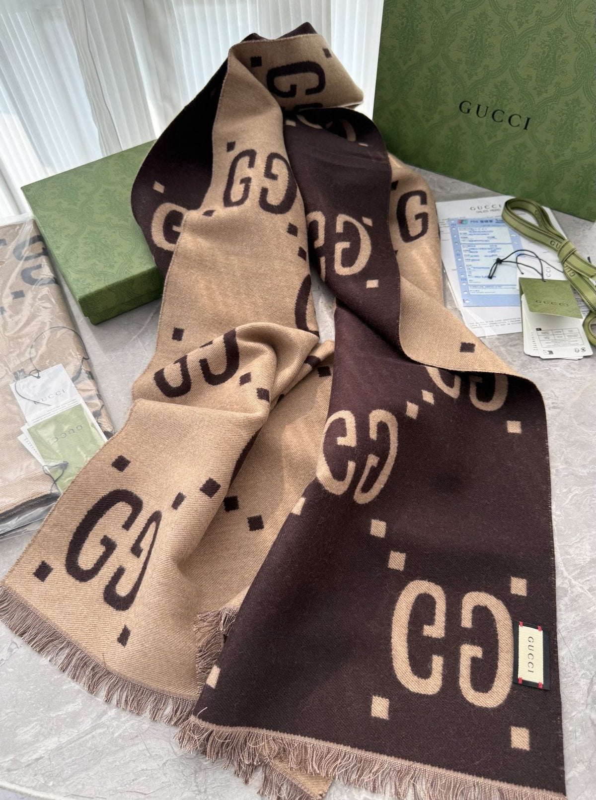 Gucci Dark Brown & Beige Fringed Scarf product image 4, provided for visual reference and product detail review