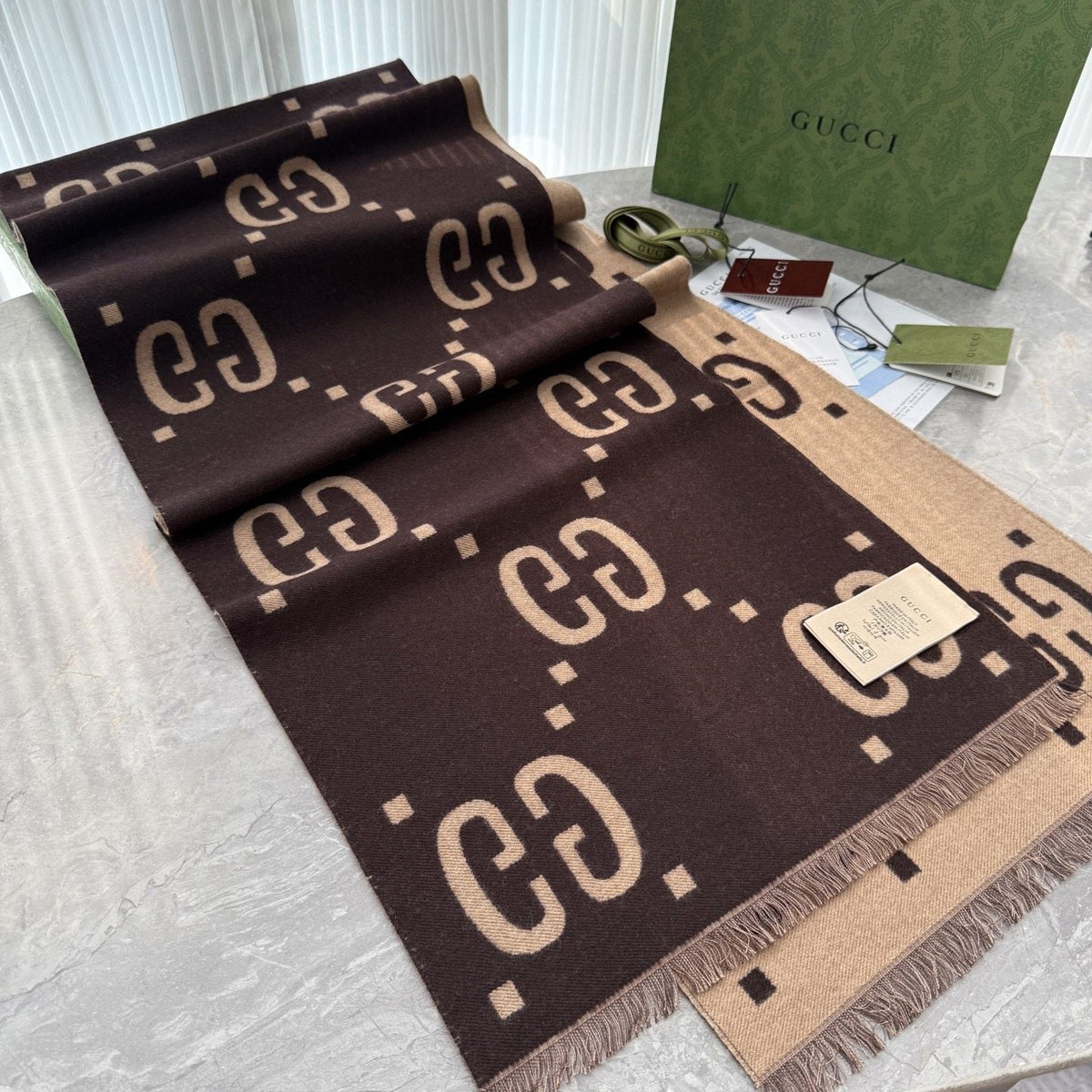 Gucci Dark Brown & Beige Fringed Scarf product image 1, provided for visual reference and product detail review