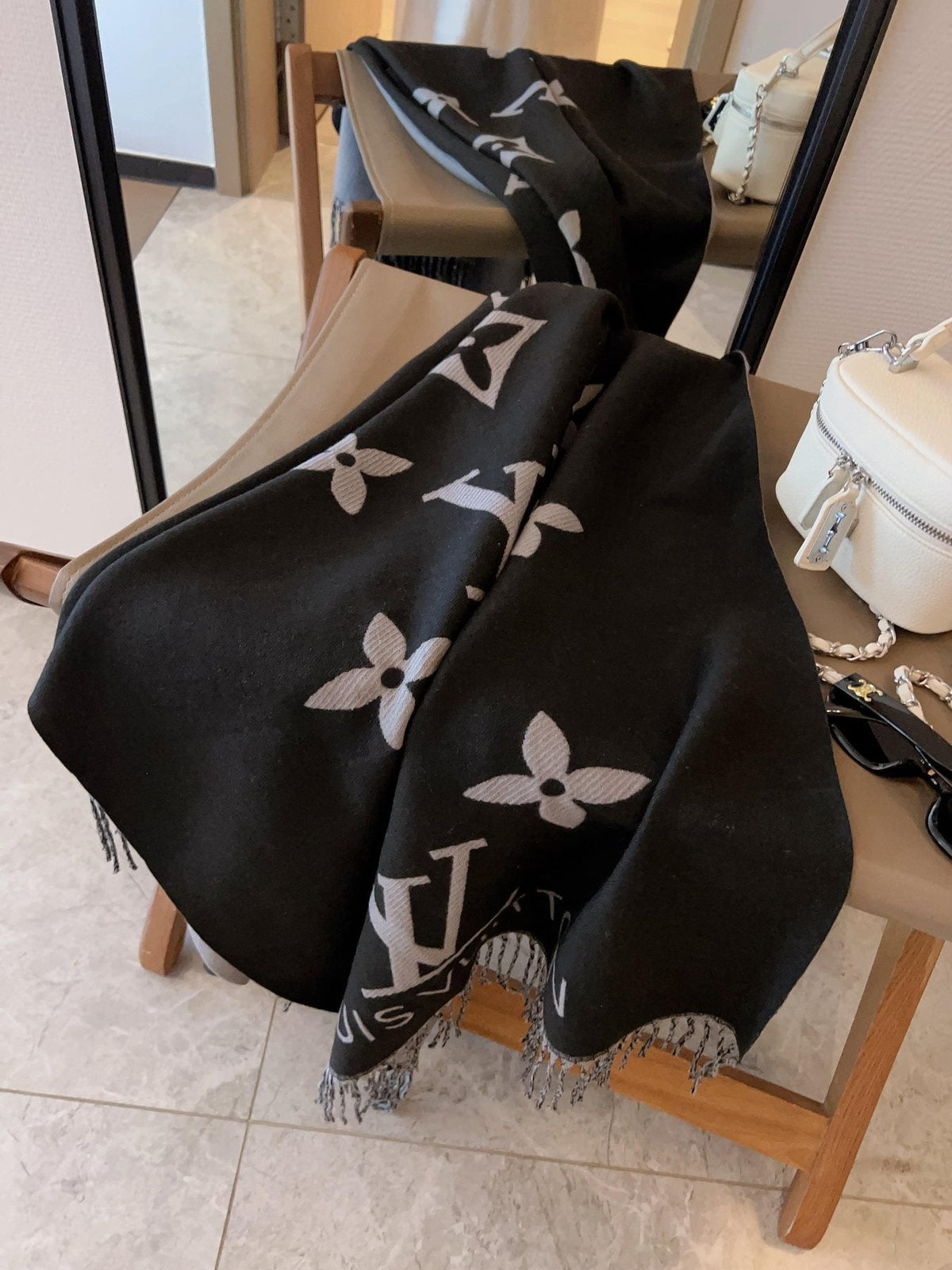 Louis Vuitton Oversized Floral and Lettered Fringe Scarf product image 8, provided for visual reference and product detail