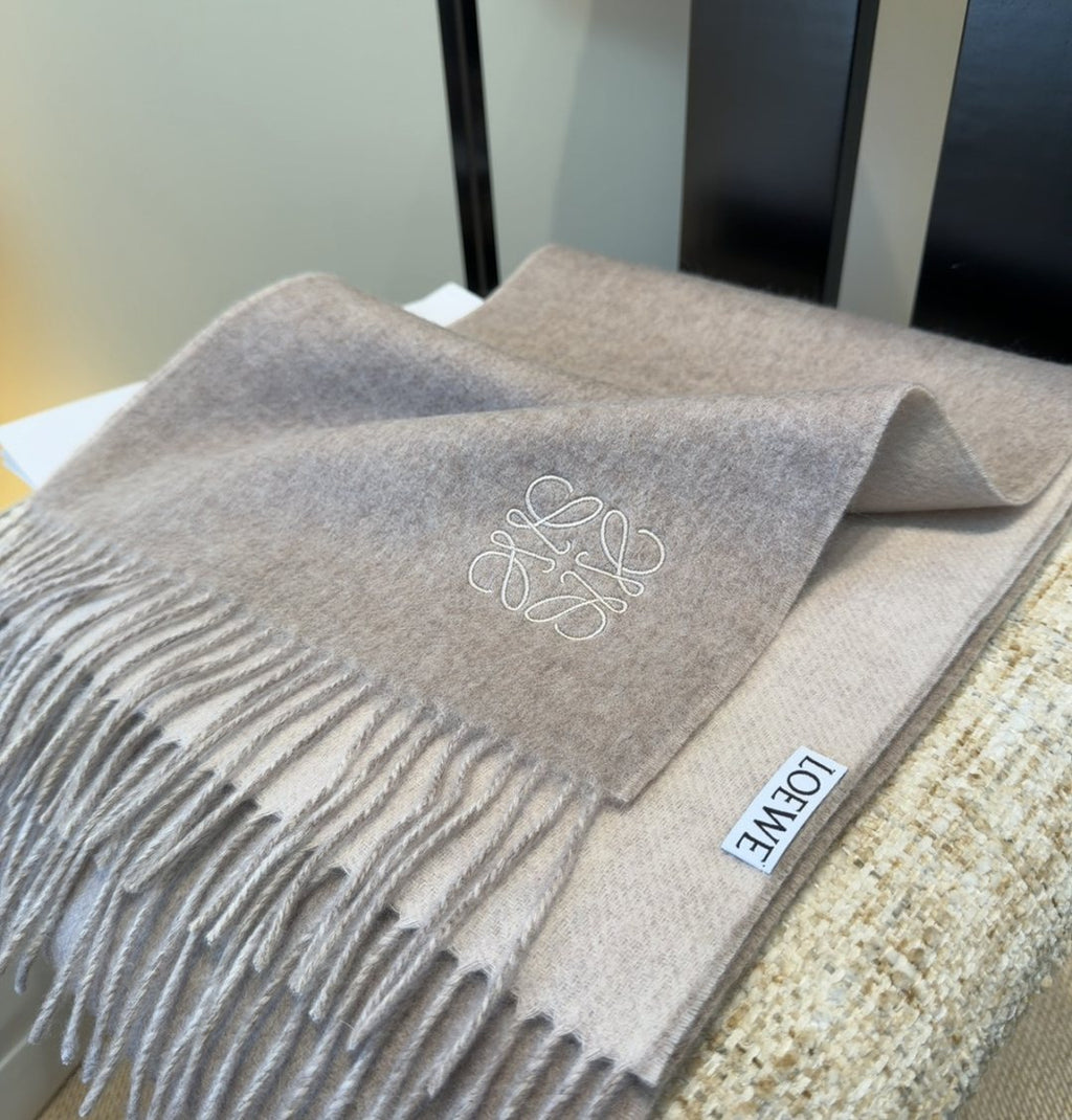 Loewe Taupe Gray and Light Beige Fringed Scarf product image 1, provided for visual reference and product detail review