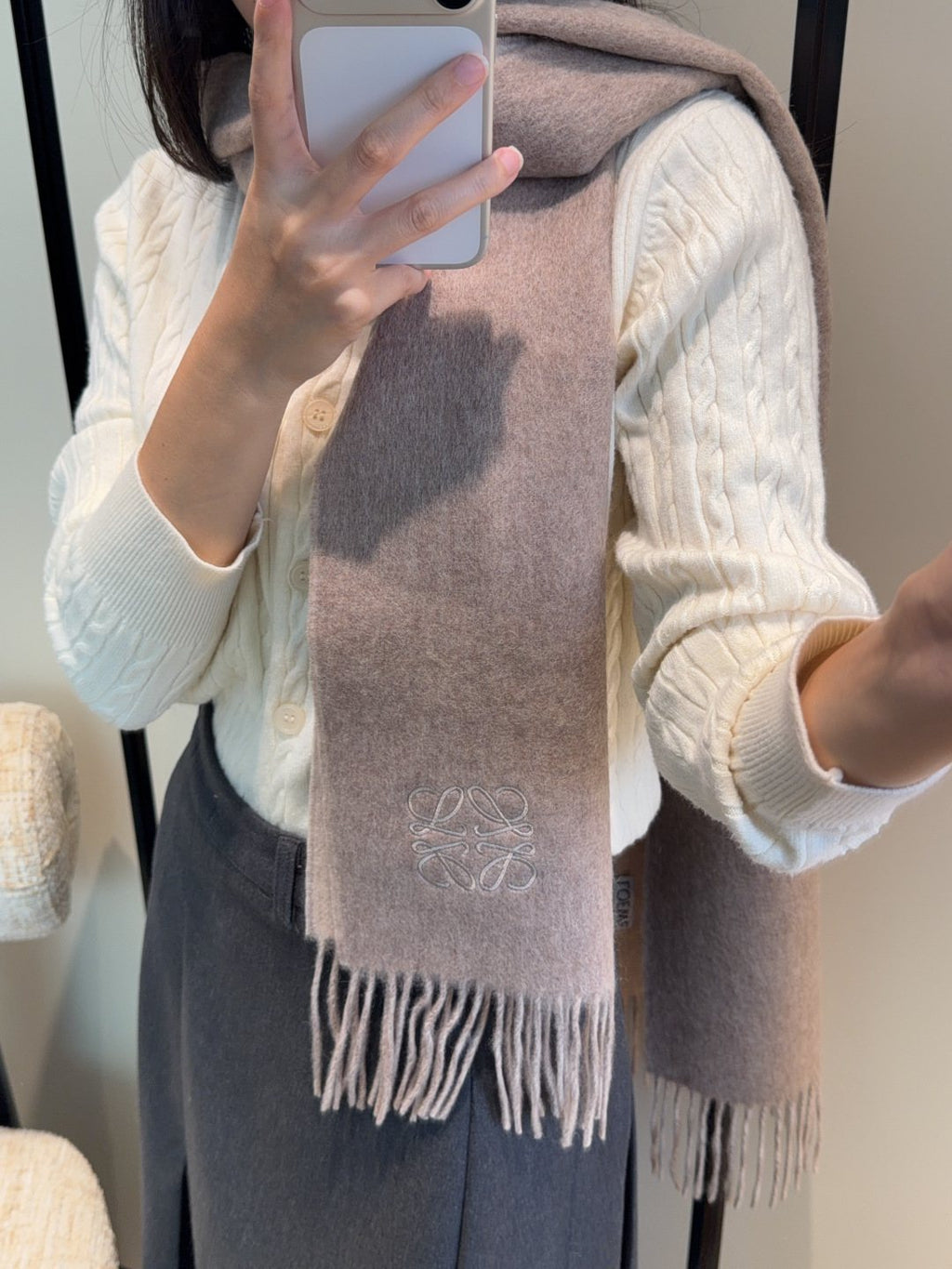 Loewe Taupe Gray and Light Beige Fringed Scarf product image 5, provided for visual reference and product detail review
