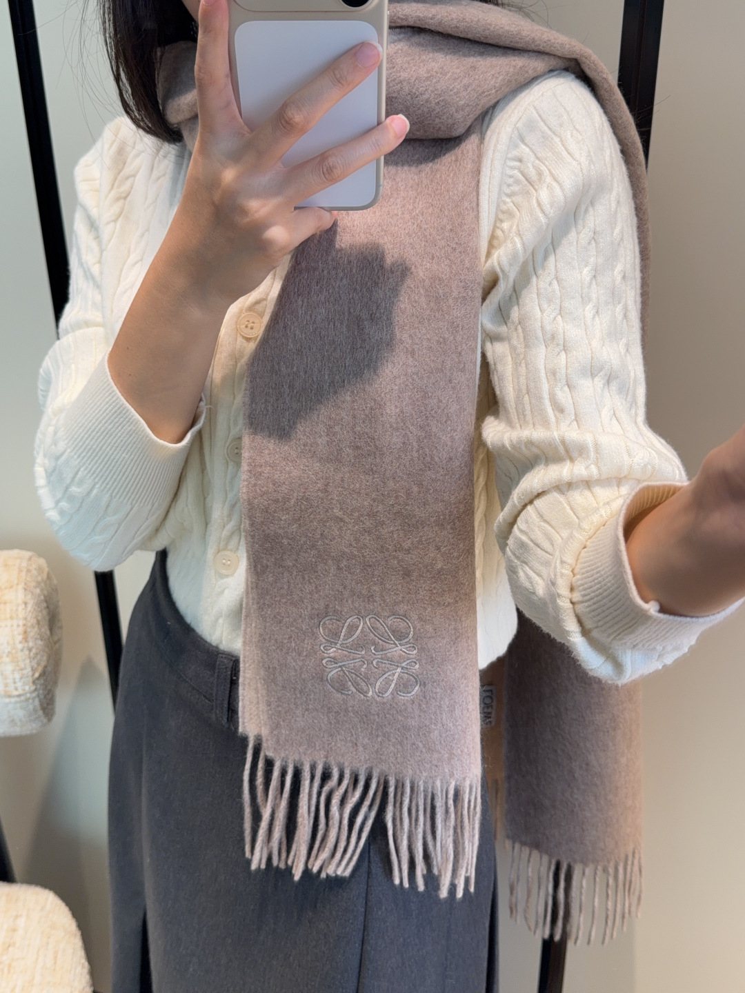 Loewe Taupe Gray Fringed Scarf product image 2, provided for visual reference and product detail review