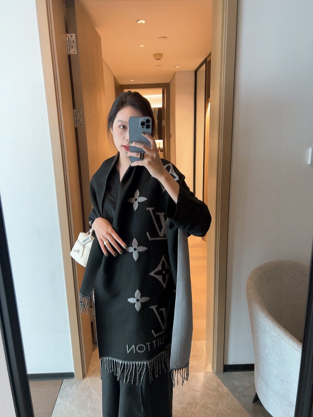 Louis Vuitton Black & Gray Floral Fringe Scarf Shawl product image 2, provided for visual reference and product detail review