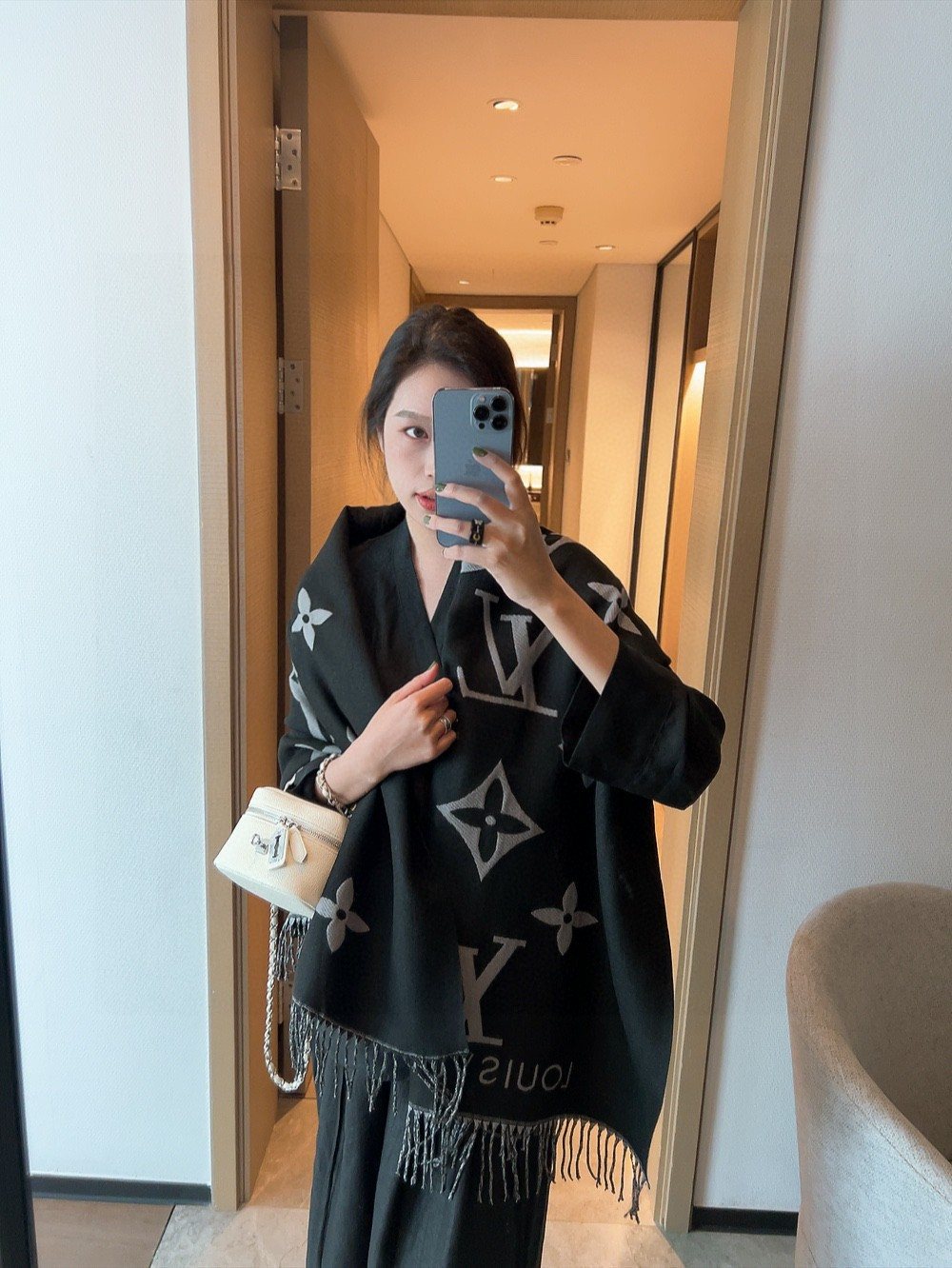 Louis Vuitton Black & Gray Floral Fringe Scarf Shawl product image 3, provided for visual reference and product detail review