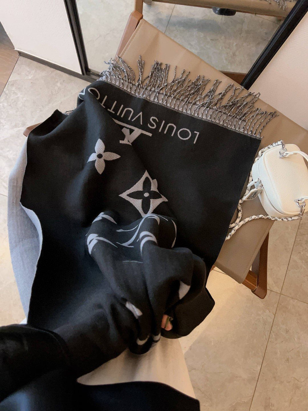 Louis Vuitton Black & Gray Floral Fringe Scarf Shawl product image 4, provided for visual reference and product detail review