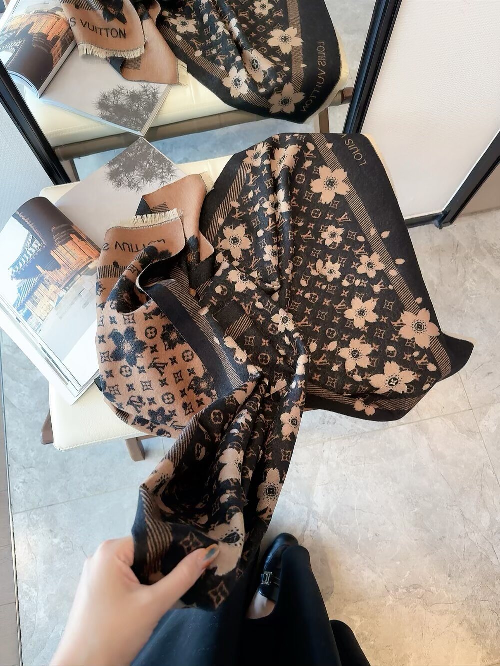 Louis Vuitton Black Floral and Monogram Fringe Scarf product image 2, provided for visual reference and product detail review