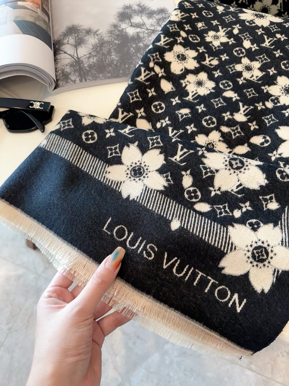 Louis Vuitton Black Floral and Monogram Fringe Scarf product image 4, provided for visual reference and product detail review