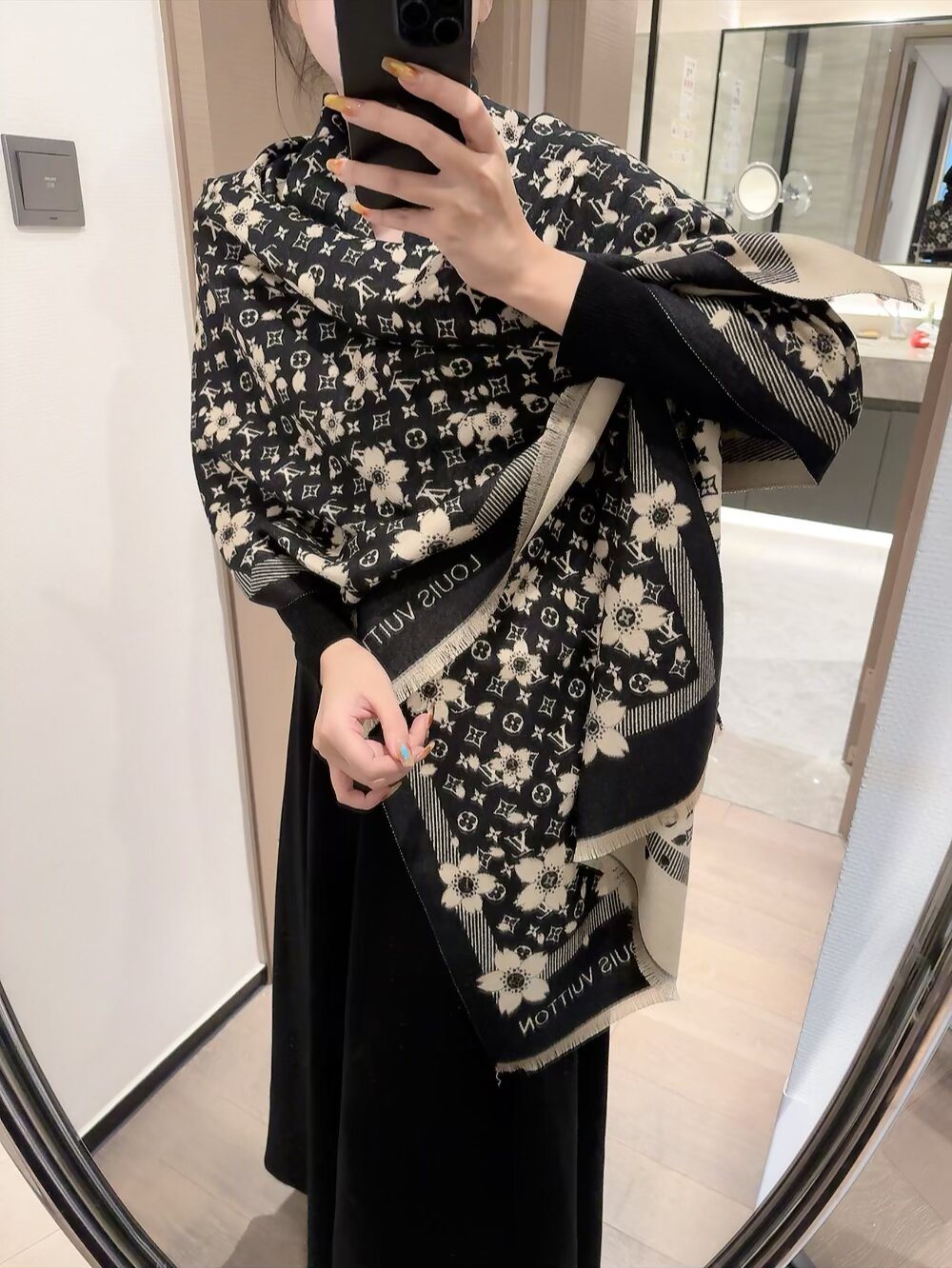 Louis Vuitton Black Floral and Monogram Fringe Scarf product image 6, provided for visual reference and product detail review
