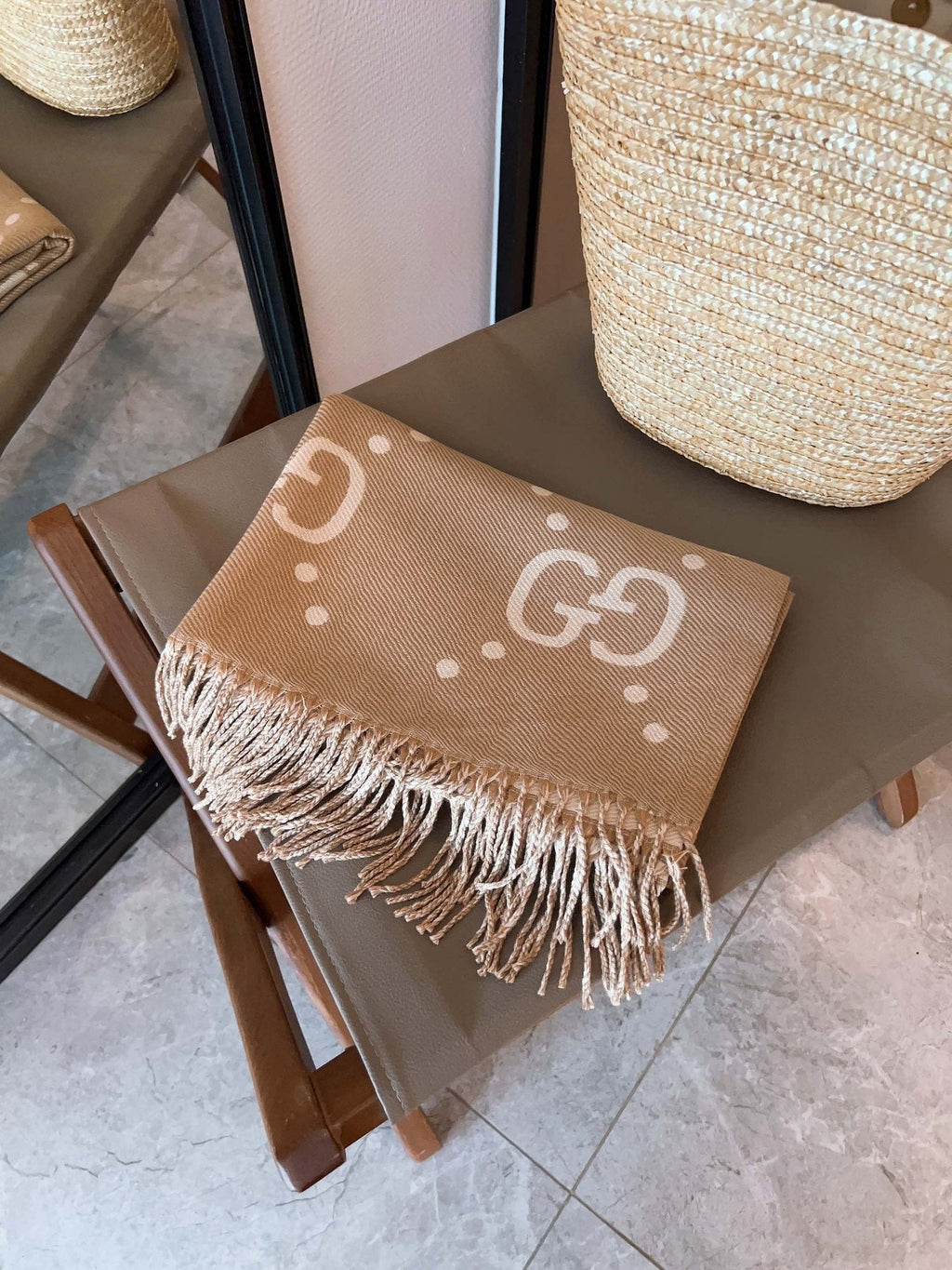 Gucci Camel Brown and Ivory Fringed Scarf product image 5, provided for visual reference and product detail review